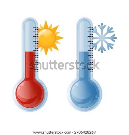Thermometers 3D isolated on white background.Temperature icons. Low and hot temperature icons with snowflacke and sun.Element for websites, logo, weather forecast.Red thermometer.Vector illustration.