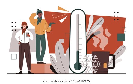 Thermometers cold weather. Man and woman in warm clothes near cup of hot drink. People in winter season. Christmas and New Year. Cartoon flat vector illustration isolated on white background