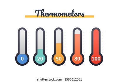 Thermometers collection - set of flat design style objects isolated on dark background. Colorful outline images of the scales of temperature. Indicators, weather symbols with different index