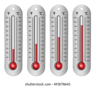 Thermometers with different levels fahrenheit and celsius scale. Vector Illustration