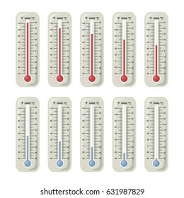 Thermometers with different temperature on them. Vector illustrations set