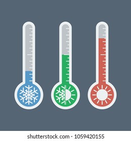 thermometers with different temperatures and sun snowflake icons, vector illustration