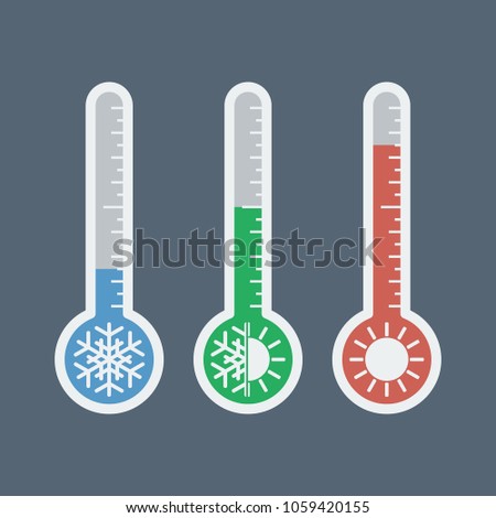 thermometers with different temperatures and sun snowflake icons, vector illustration