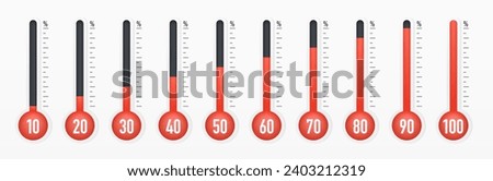 Thermometers with different temperatures. Weather scale icon set with various level percentage. Collection of thermometer with red liquid. Vector illustration