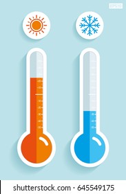 Thermometers in flat style, cold and hot temperature, design element on color background. Vector design object 