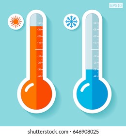 Thermometers in flat style, cold and hot temperature, design element on color background. Vector design object 
