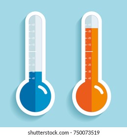 Thermometers in flat style, cold and hot temperature, design element on color background. Vector design object 