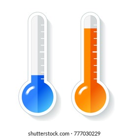Thermometers in flat style, cold and hot temperature, design element on white background. Vector design object 