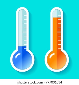 Thermometers in flat style, cold and hot temperature, design element on color background. Vector design object 