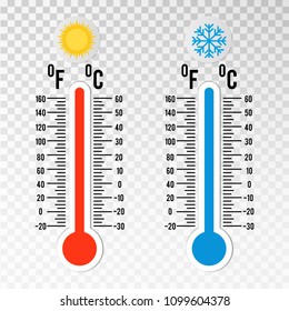 Thermometers in flat style. Hot and cold temperature.  Meteorology design element on transparent background. Vector Illustration.