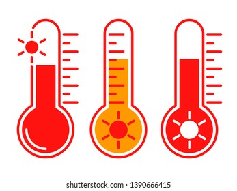 Thermometers graphic icons with high temperature. Signs hot weather isolated on white background. Vector illustration