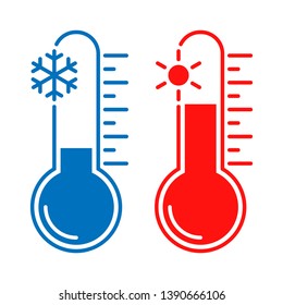 Thermometers graphic icons with low and high temperature. Signs cold and hot weather isolated on white background. Vector illustration