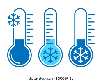 Thermometers Graphic Icons With Low Temperature. Signs Cold Weather Isolated On White Background. Vector Illustration