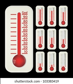 Thermometers graphic showing progress towards goal on black, vector, 10eps.