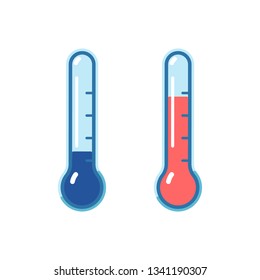 Thermometers with high and low temperature. Hot, cold. Flat style icons. Vector illustration.