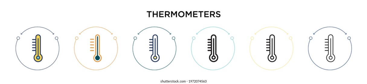 Thermometers icon in filled, thin line, outline and stroke style. Vector illustration of two colored and black thermometers vector icons designs can be used for mobile, ui, web