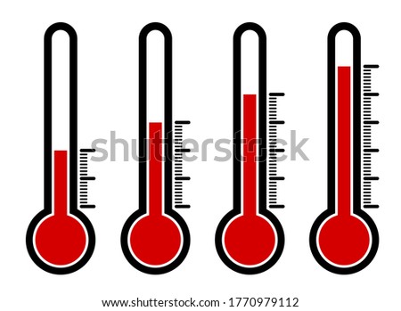thermometers icon set with different high temperature values. Abnormal heat. Devices for measuring the weather. Vector on a white background