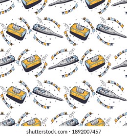 Thermometers and napkins. Seamless pattern on a white background. Cute vector illustration.