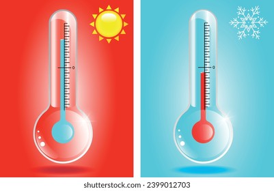 Termómetros rojos y azules, fríos y calientes. Iconos meteorológicos, ilustración vectorial