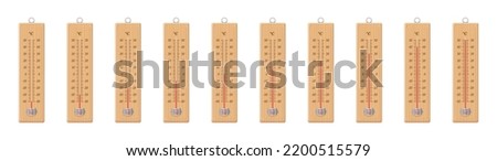 Thermometers with rising temperature values from minus fourty to plus fifty degrees celsius. Wooden meteorological instrument with different readings, classic retro style. Isolated vector on white.

