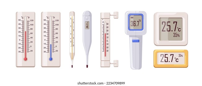 Thermometers set. Electronic, digital and mercury tools, medical and weather objects for measuring temperature indoor, outdoor, health control. Flat vector illustrations isolated on white background