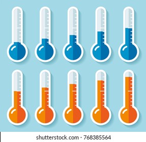 Thermometers set in flat style, cold and hot temperature, design element on color background. Vector design object 