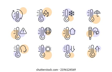 Icono de conjunto de termómetros. Fuego, copo de nieve, paraguas, planeta, hogar, hombre con máscara protectora, sol, flechas, fiebre, control climático, condiciones meteorológicas. Concepto de medición de la temperatura. Icono de línea del vector.