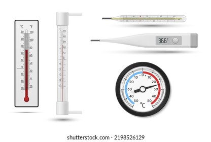 Thermometer setzen eine realistische Vektorgrafik. Instrumente zur Bestimmung der Temperatur des menschlichen Körpers und der Außenwetter im Freien unterschiedliche Form. Indikator für ärztliche Kontrolle Gesundheitsmaßnahme mit Quecksilber