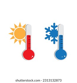 Thermometers showing hot and cold temperatures with a sun and a snowflake on a white background with copy space