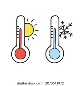 Thermometers with sun and snowflake. Doodle sketch style.  Hand drawn vector illustration isolated on white background.