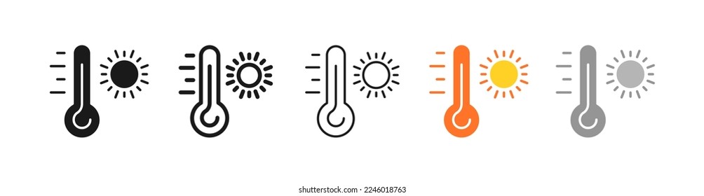 Thermometers with sunline icon. Sunset, day, evening, shine, heat, climat control, warm, cold, weather conditions, fever, sickness, illness. Vector five icon in different style on white background