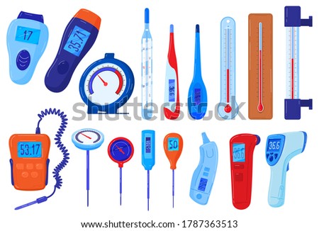 Thermometers vector illustration set. Cartoon flat temperature meters collection of meteorological celsius fahrenheit, classic medical healthcare mercury or electronic thermometer isolated on white