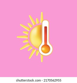 Thermometr and yellow sun 3d vector icon. Hot temperature symbol, logo illustration. 