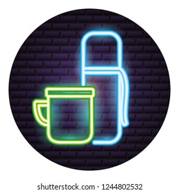 thermos bottle and cup neon brick wall