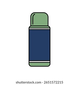 A thermos bottle in green and blue. Ideal for travel, outdoors, or hot, cold beverage themes.