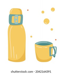 Thermos bottle and mug from camping and outdoor recreation set, isolated on white background, can use for camp flyer, card, posters, t-shirt design. Vector illustration.
