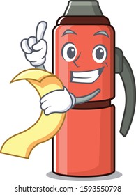 Thermos bottle Scroll cartoon character holding menu ready to serve