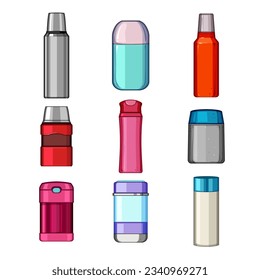 thermos bottle set cartoon. blank mockup, sport steel, stainless aluminum thermos bottle sign. isolated symbol vector illustration