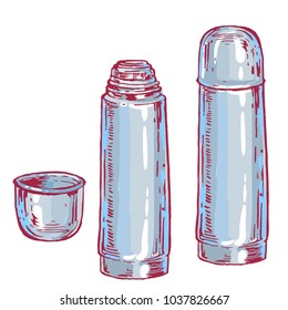 thermos bottle set collection ink sketch hand drawn outline illustration isoletd on white background
