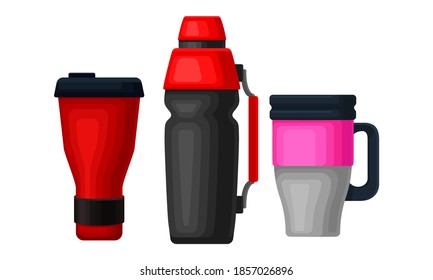 Thermos Bottle or Vacuum Flask as Vessel for Liquid Storage Vector Set