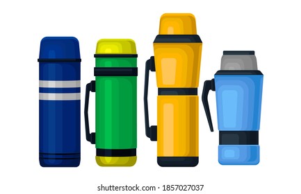 Thermos Bottle or Vacuum Flask as Vessel for Liquid Storage Vector Set