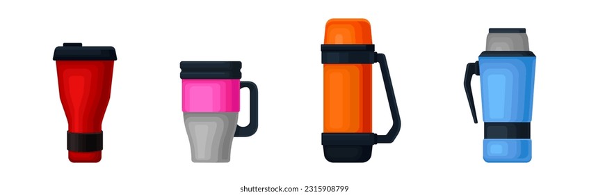 Thermos Bottle or Vacuum Flask as Vessel for Liquid Storage Vector Set