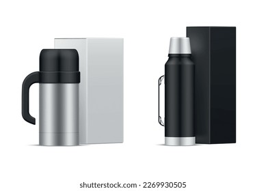 Thermos with box stainless container drink temperature saving branding merchandise set realistic vector illustration. Portable bottle package thermal flask tumbler beverage storage travel accessory