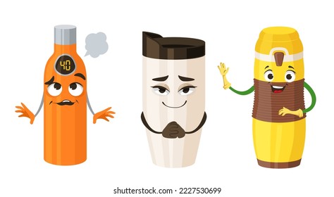 Thermos cartoon character flat vector set. Happy portable cup illustration. Kawaii reusable flask with different emotion isolated on white background