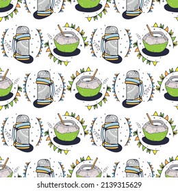 Thermos and Coconut. Seamless pattern on a white background. Cute vector illustration.