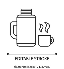 Thermos with cup linear icon. Thin line illustration. Hot drink. Contour symbol. Vector isolated outline drawing. Editable stroke
