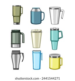 thermos cup set cartoon. bottle mug, thermal travel, reusable flask thermos cup sign. isolated symbol vector illustration