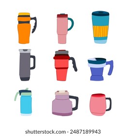 thermos cup set cartoon. mug travel, tea hand, thermal water thermos cup sign. isolated symbol vector illustration