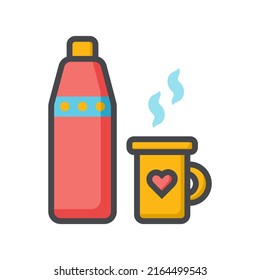 Thermos, cup with tea or coffee. Color icon. Outdoor recreation, picnic. Trekking, Hiking, travel, tourism. Healthy outdoor activities concept. Vector illustration