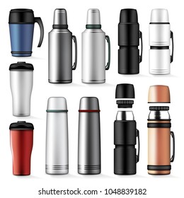 Thermos drink container mockup set. Realistic illustration of thermos mock-up for web